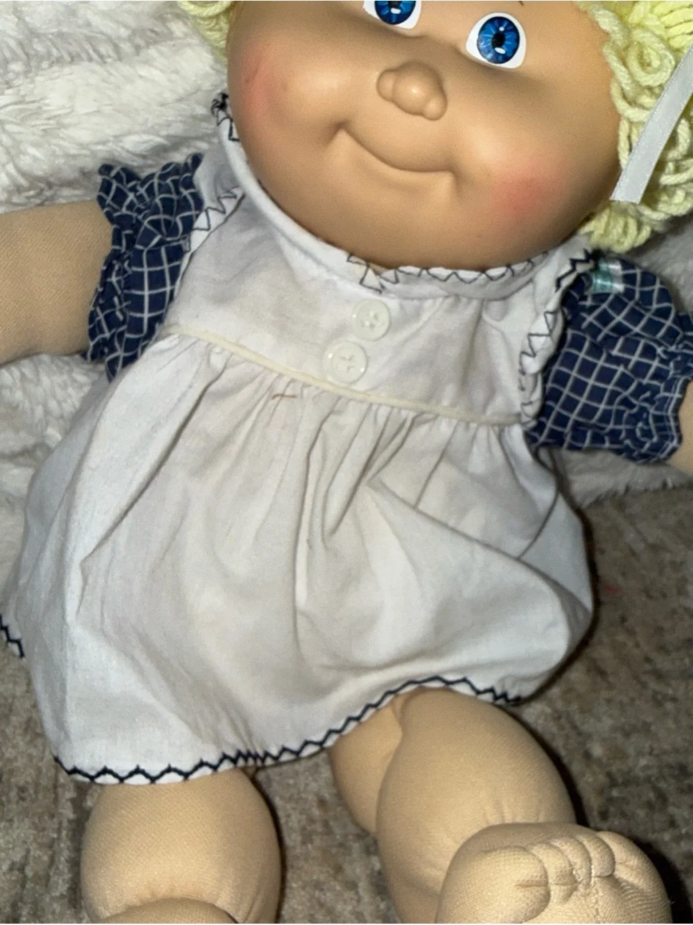Cabbage Patch Kids vintage 1985 shirt blonde hair with white bow navy white dres